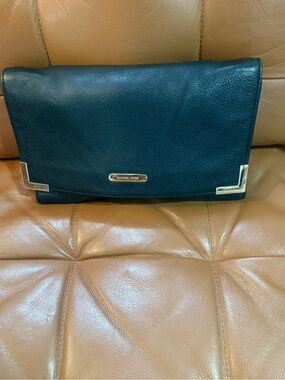 Michael Kors Teal Pebbled Leather Fold-Over Briefcase Clutch with Gold Accents